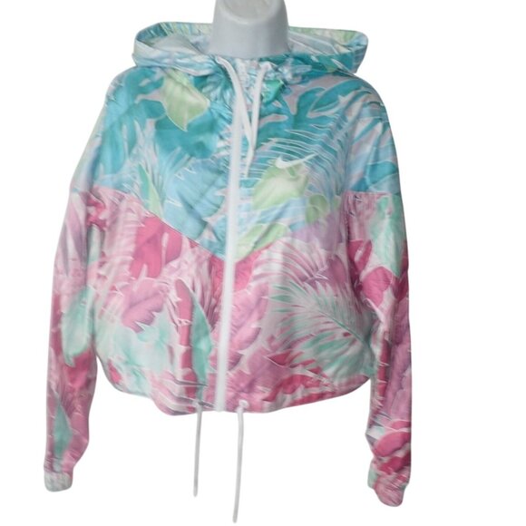 Nike Womens S Windbreaker Jacket Tropical Print Hooded Lightweight‎ Polyester - Picture 1 of 7